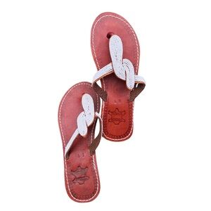 Beaded women sandals in White, Blue and Gold colors